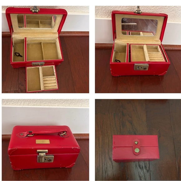 Other - Red Lockable Jewelry Box w/ Mirror Travel Case Insert Key & Velvet Compartments
